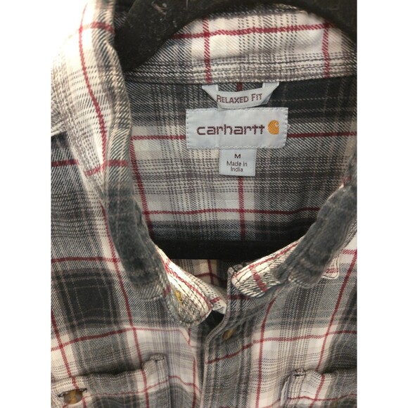 Carhartt M Relaxed Fit Flannel Pockets Shirt Red Black White Plaid Button Up - Picture 2 of 9